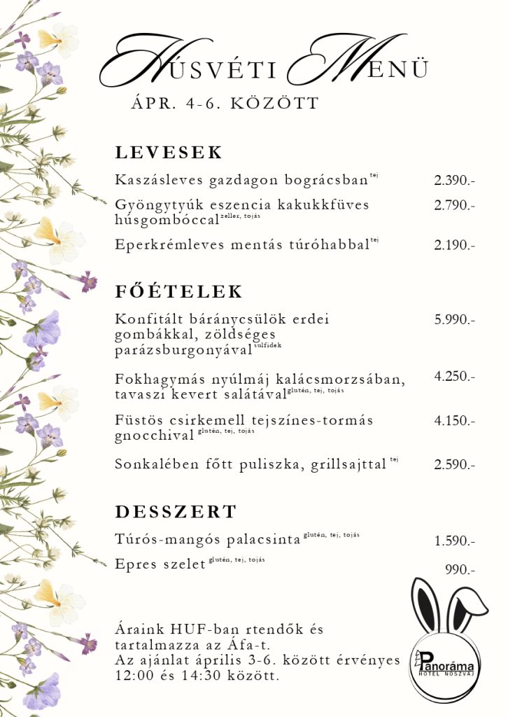 Panoráma Hotel Noszvaj 2026 Húsvéti menü